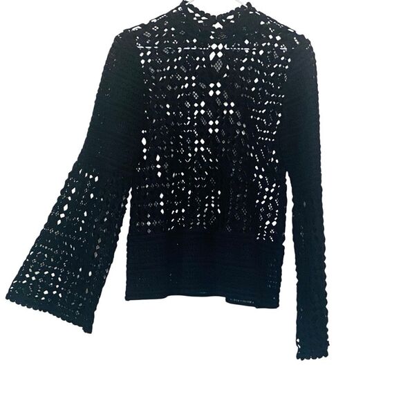 Topshop Crochet Bell Long Sleeve 100% Cotton Pullover Sweater Black Size 8 - Picture 1 of 4